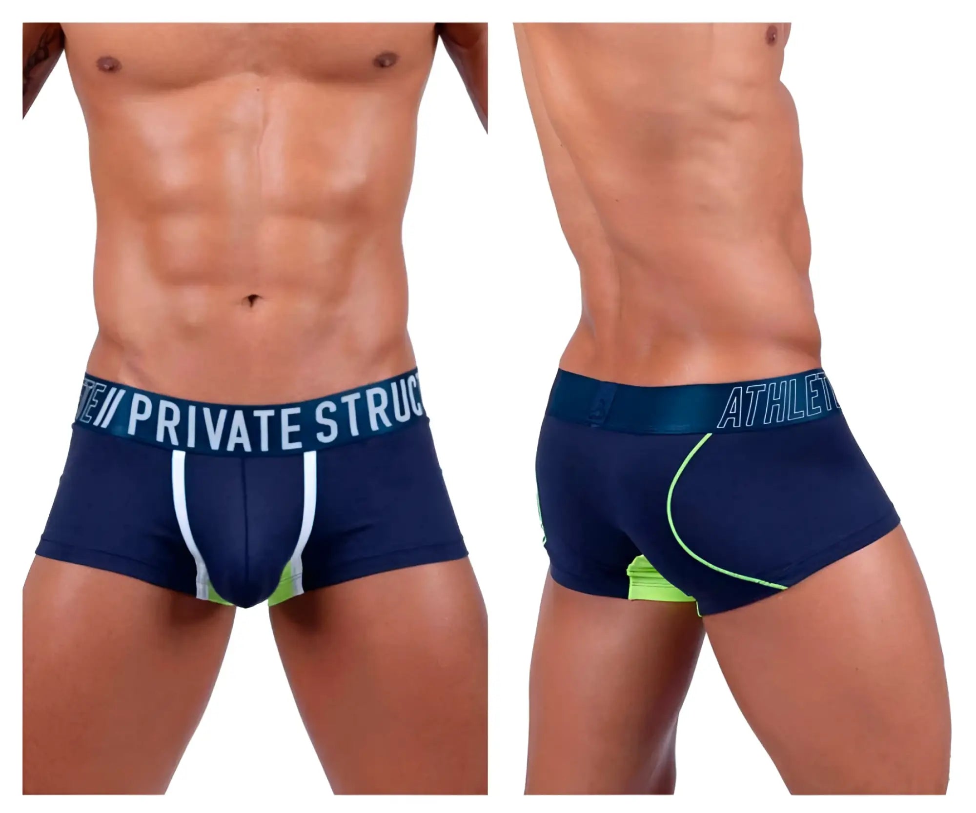 Navy blue Private Structure Baut4389 athlete trunks with white and neon green accents and branded waistband