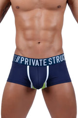 Navy blue private structure baut4389 athlete trunks for men with white and lime green trim and branded waistband