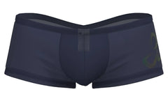 Navy blue men’s briefs with a subtle green and gold abstract logo side design private structure bare hipster silk