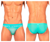 Turquoise sheer mesh briefs with private structure branding on the waistband from private structure brut4392 bare bikini collection