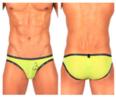 Bright neon yellow swim trunks with black trim and small embroidered logo by Private Structure BRUT4393 Bare Bikini