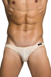 Private Structure DGEMU3545BT desire glaze thong in nude cream sheer mesh with subtle texture and black brand tag on waistband