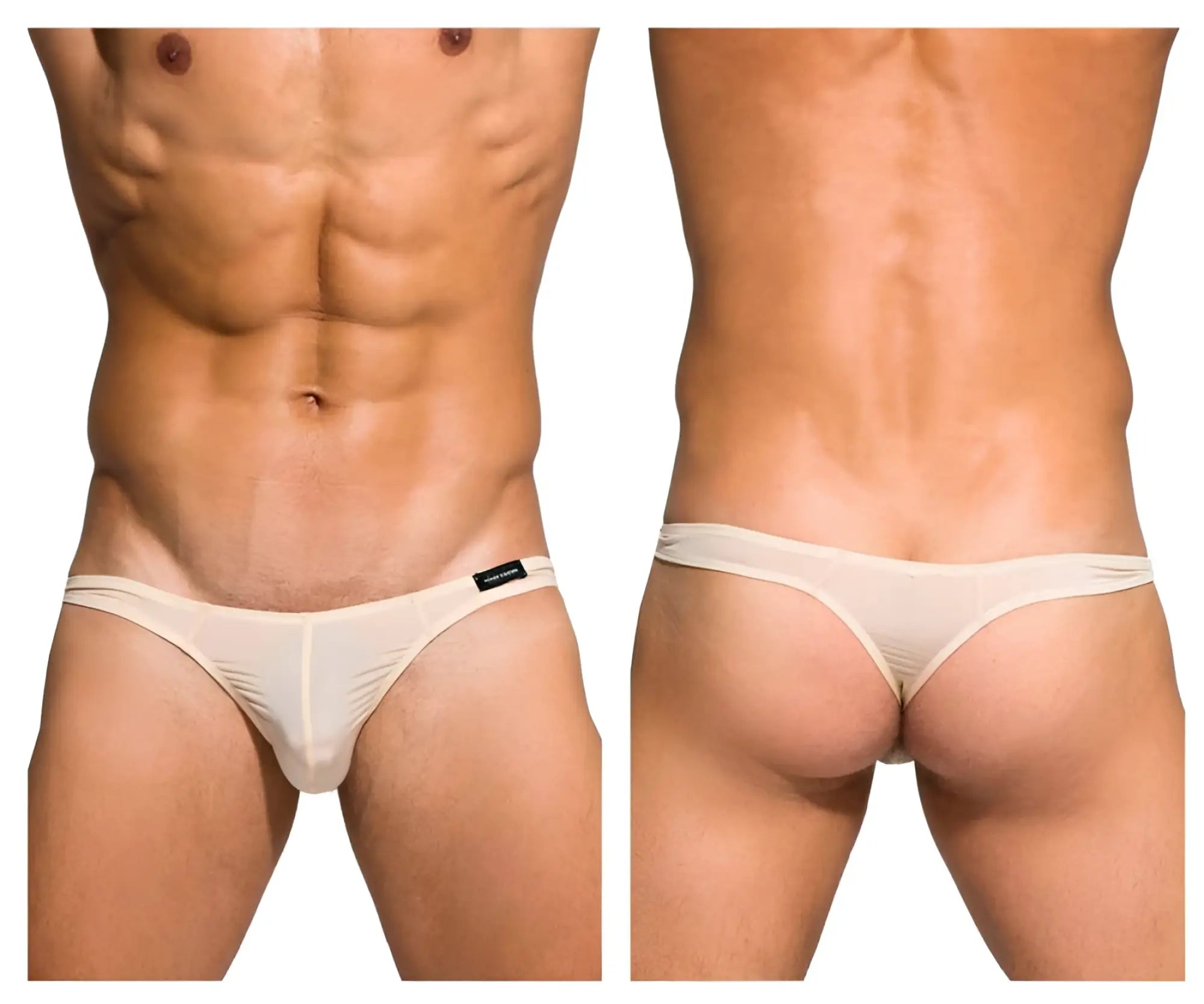 Cream-colored sheer mesh thong with black brand tag on left hipband private structure dgemu3545bt desire glaze nude