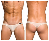 Cream-colored sheer mesh thong with black brand tag on left hipband private structure dgemu3545bt desire glaze nude