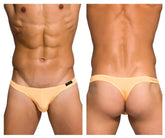 A sleek pale yellow Private Structure Desire Glaze thong made of smooth stretchy fabric with a black brand tag