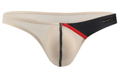 Beige thong with black and red trim featuring sleek design and subtle stitching from Private Structure Desire Glaze series