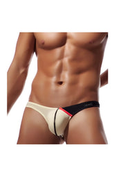 Cream-colored form-fitting briefs with black waistband and red trim from private structure dguay4025 desire glaze g-string nude