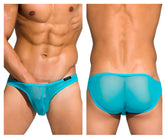 Turquoise sheer mesh briefs with a black brand tag from private structure desire intima low rise bikini blue