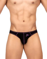 Black men’s briefs with purple trim and embroidered stay fueled text in charcoal private structure prime eutopia bikini brief