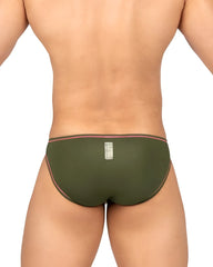 Back side of olive green private structure epus4563 prime eutopia bikini briefs with pink trim and rectangular label