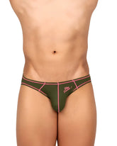 Olive green and pink geometric patterned men’s briefs with stay focused logo from private structure prime eutopia line