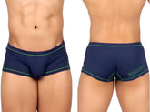 Back side of navy blue Private Structure EPUS4570 Prime Elysian hipster briefs with green trim and stay filled logo