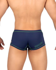 Back of private structure epus4570 prime elysian hipster navy blue swim trunks with green trim and stay firm logo