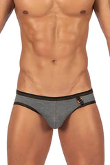 Private structure lcut4358 barn boy low rise mini briefs in stone gray heathered fabric with black trim and orange buckle detail