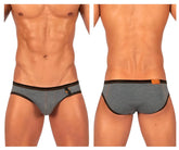 Private structure stone gray low rise barn boy mini briefs with gray heathered fabric black trim and orange buckle detail