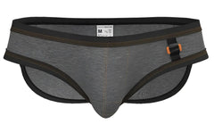 Gray heathered private structure barn boy low rise mini briefs with black trim and orange accented belt buckle