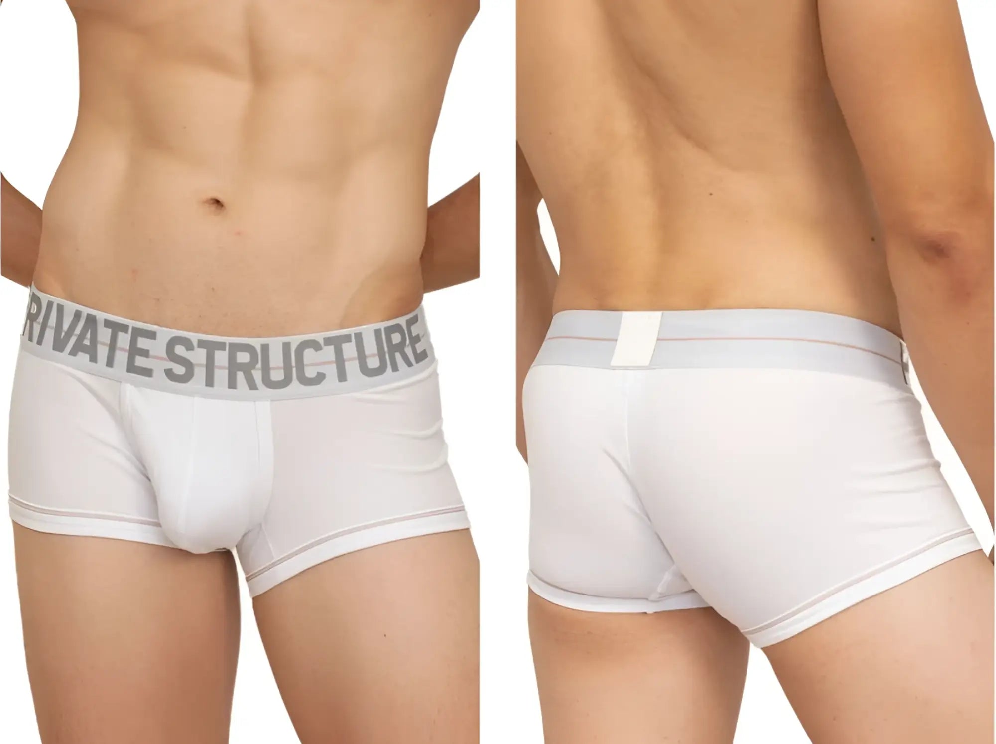 White private structure mo lite contour brief with gray elastic waistband and bold logo for comfortable support