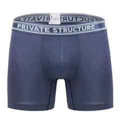 Dark blue private structure bamboo mid waist boxer briefs with gray waistband and logo in white lettering