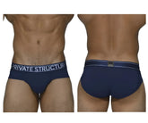 Navy blue private structure platinum bamboo briefs with white waistband branding and metallic logo patch at the back