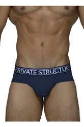 Navy blue men’s briefs with white private structure waistband made from breathable platinum bamboo fabric