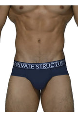 Navy blue men’s briefs with white private structure waistband made from breathable platinum bamboo fabric