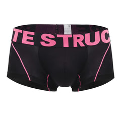 Private structure pmux4182 modality trunks black boxer briefs with pink lettering and stitching front view