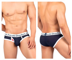 Navy blue and white Private Structure classic mid waist mini brief with branded waistband for men