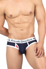 Navy blue and white private structure classic mid waist mini briefs with red triangle side detail and black branding