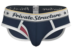 Navy blue and white men’s briefs with red accent and private structure logo on waistband classic mid waist design
