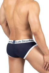 Navy blue classic mid waist mini briefs with white trim and branded waistband by private structure