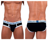 Black private structure classic mid waist mini briefs with white trim and logo waistband for comfortable support