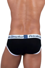 Black private structure scus4529 classic mid waist mini briefs with white trim and branded waistband with blue logo