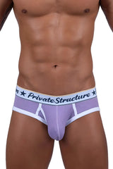 Purple mesh mid waist mini briefs with white trim and private structure logo on waistband by Private Structure