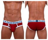 Red private structure classic mid waist mini briefs with white trim and branded waistband for men