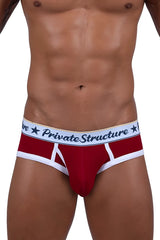 Red private structure classic mid waist mens briefs with white trim and black star motif waistband scus4529 model