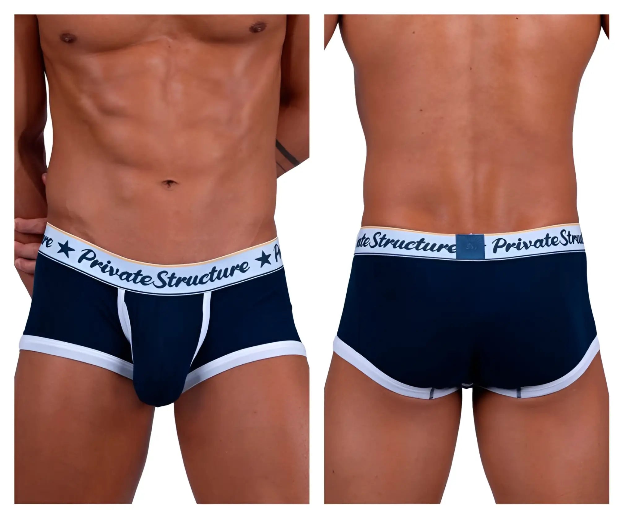 Navy blue and white mid waist trunks by Private Structure with branded waistband for classic comfort and support