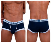 Navy blue and white mid waist trunks by Private Structure with branded waistband for classic comfort and support