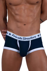 Navy blue and white men’s mid waist briefs with private structure branded waistband in classic trunks style