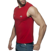 Red sleeveless athletic tank top with a small white logo on the chest from proud 2 be gay t-shirt collection