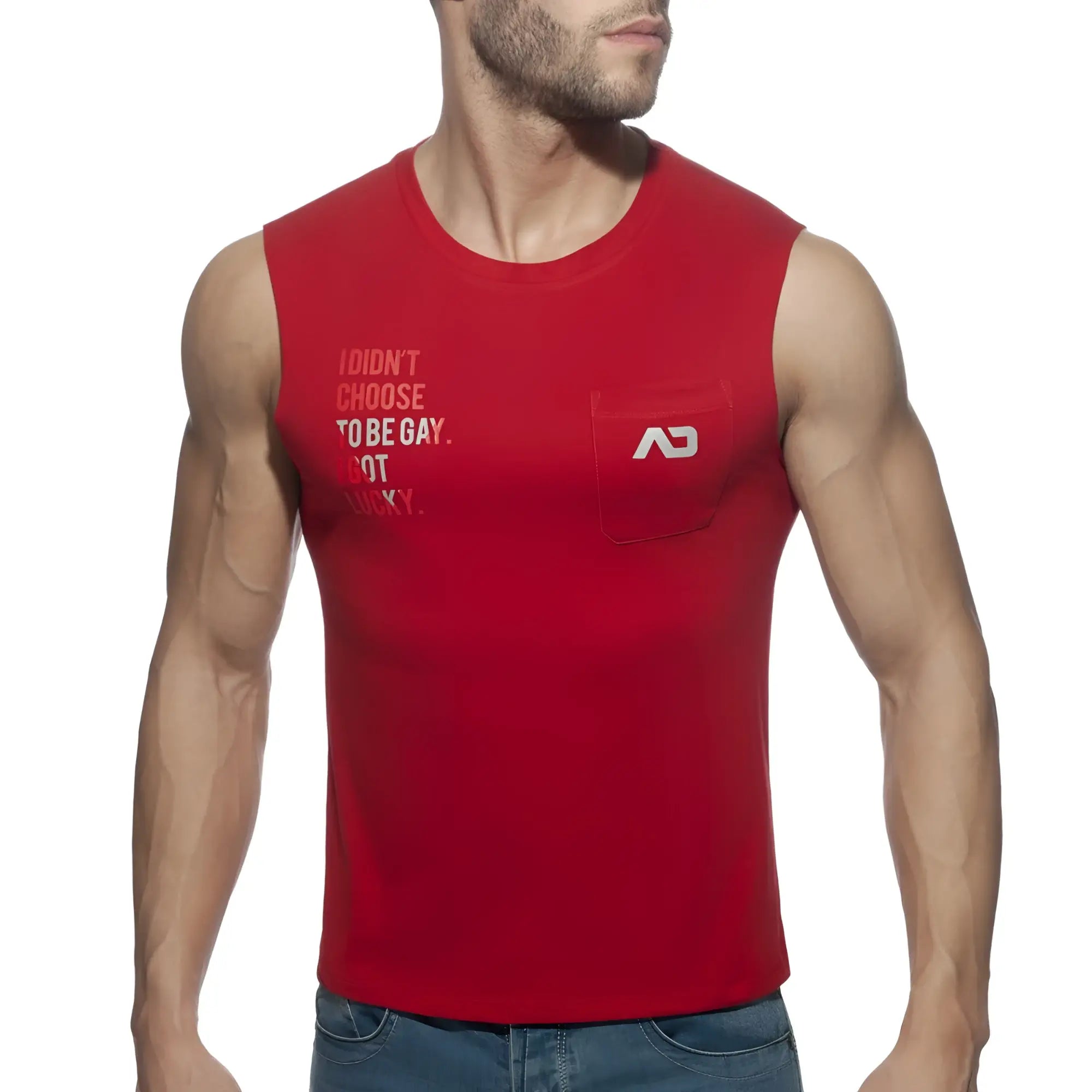 Red sleeveless tank top with chest pocket and white text reading i didnt choose to be gay proud 2 be gay t-shirt