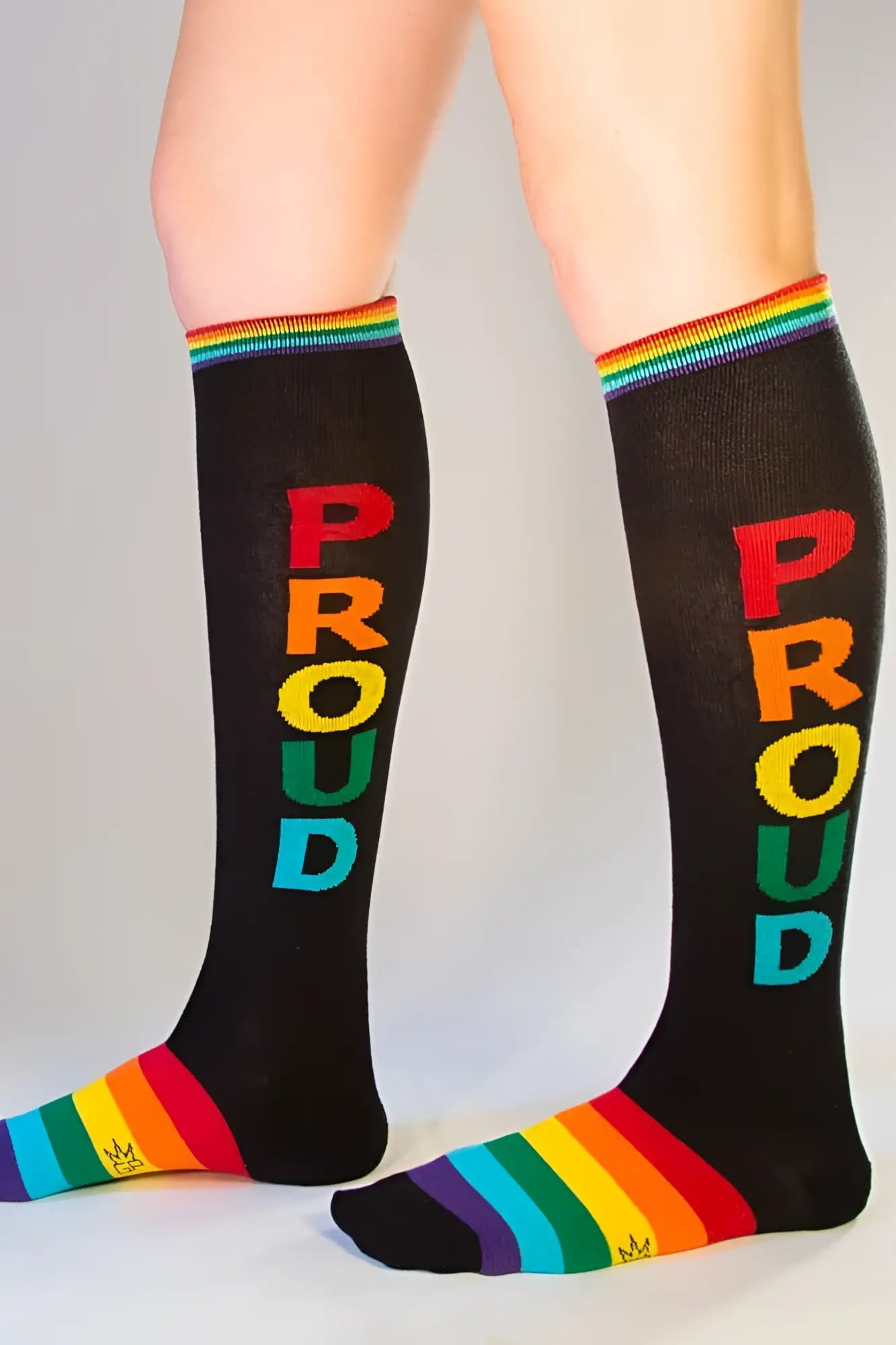 Black knee high socks with rainbow proud lettering vertically and matching rainbow striped cuff and toe