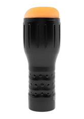 Black plastic prowler red manhole stroker adult toy with orange silicone tip and textured grip sections