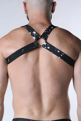 Pulse elastic harness back side in black stretchy fabric with white star patterns and adjustable crossed straps