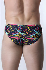 Pulse swim brief vibrant abstract graffiti-patterned trunks in black neon pink yellow and cyan for swimming