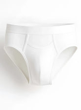 White purecomfort cotton brief with smooth seamless design and subtle stitching details front view