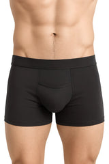 Black men’s PureComfort cotton trunk boxer briefs with contoured pouch and elastic waistband