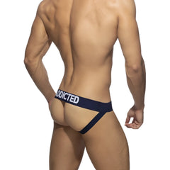 Navy blue addicted push-up mesh jockstrap with white lettering on waistband for supportive athletic wear