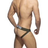 Olive green push-up mesh jockstrap briefs with white addicted text on the waistband showing the back side
