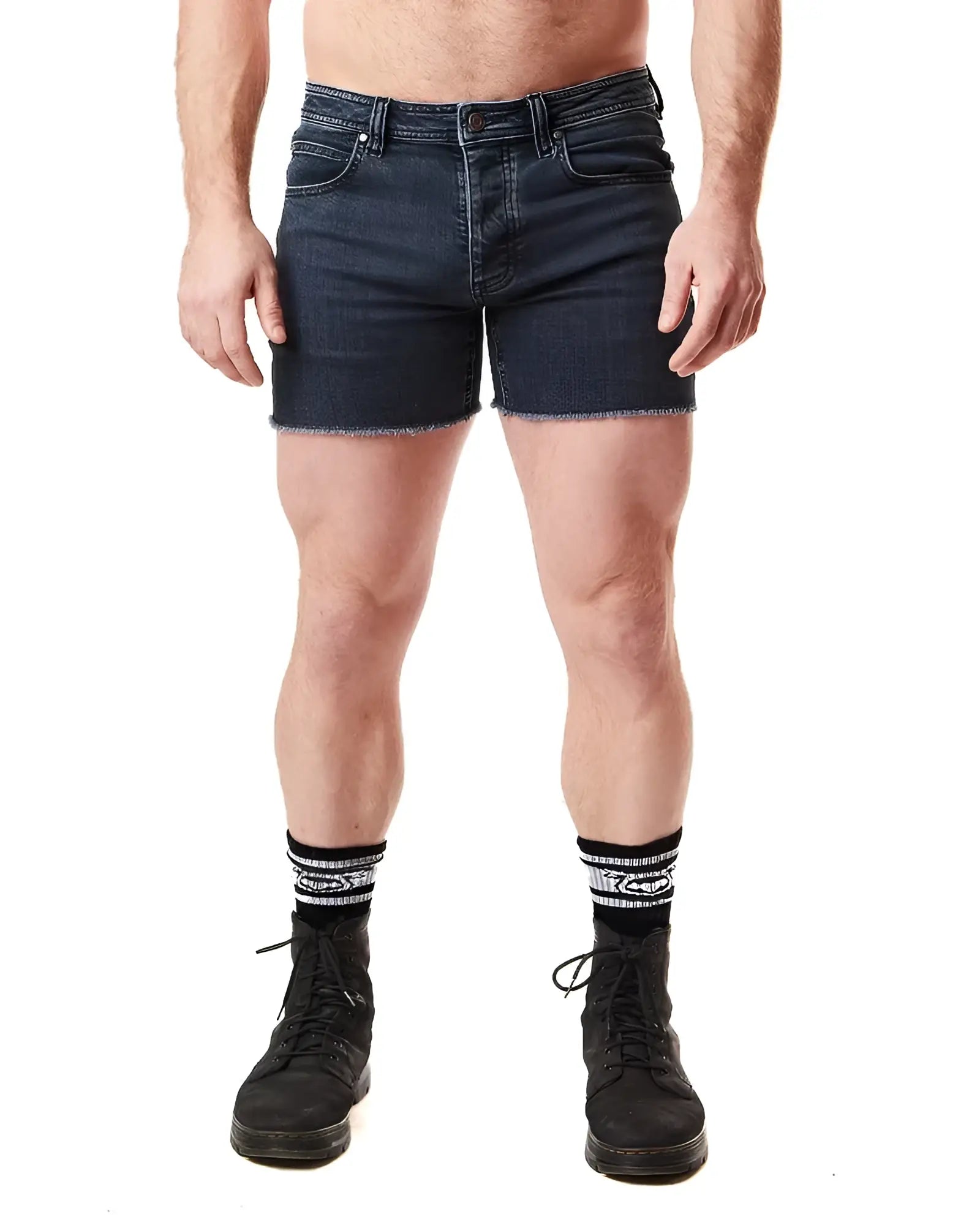 Dark blue denim quad short with frayed hem perfect for casual summer wear