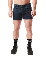 Dark blue denim quad short with frayed hem perfect for casual summer wear